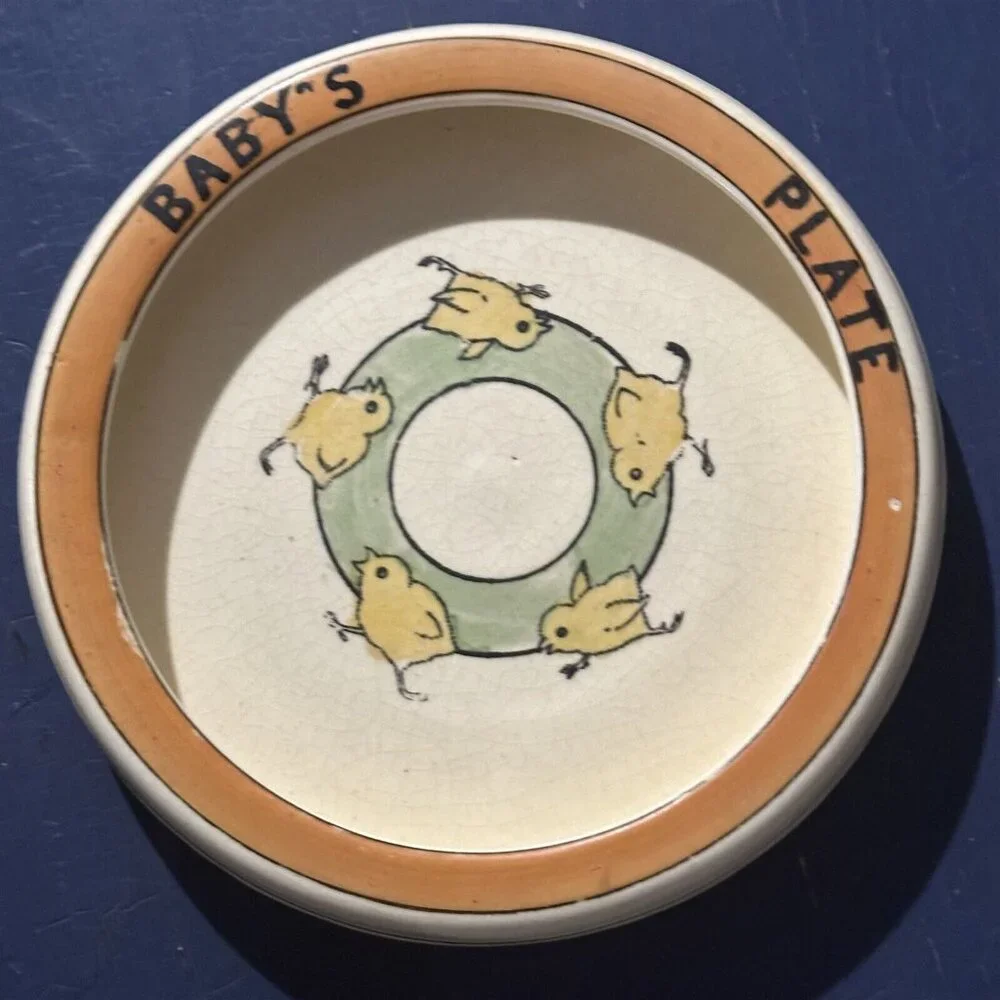Roseville Pottery Baby's Plate Creamware Ducks Chicks Circa 1920 Rolled Edge